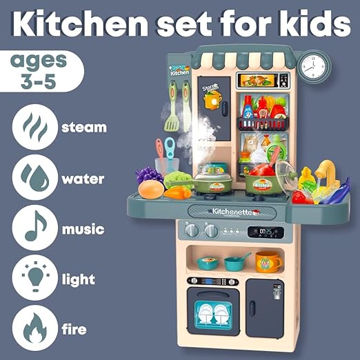 Plastic Toy Play Kitchen Food Set for Kids, Toddlers 3-5 - Cooking Pretend Play Interactive Station with Sink, Water, Steam, Sound, Accessories (44 items) - Little Girls Birthday Gift
